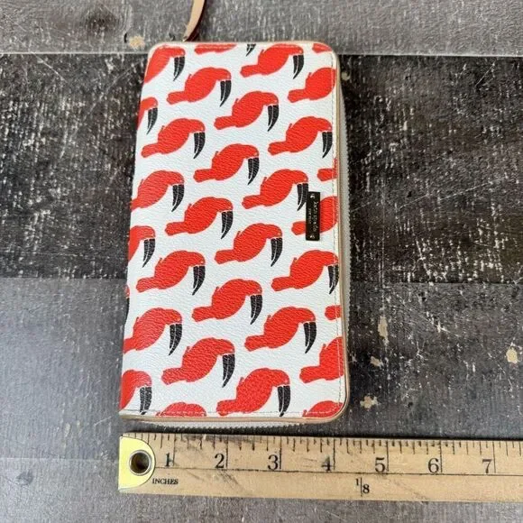 Kate Spade Toucan Parrott All Over Print Zip Around Long Wallet White Orange - Picture 8 of 8